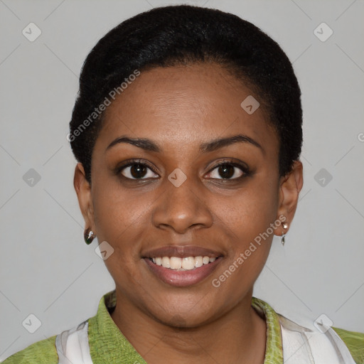 Joyful latino young-adult female with short  black hair and brown eyes