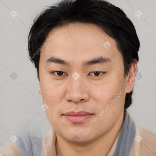 Joyful asian young-adult male with short  brown hair and brown eyes