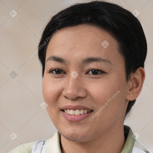 Joyful white young-adult female with short  brown hair and brown eyes