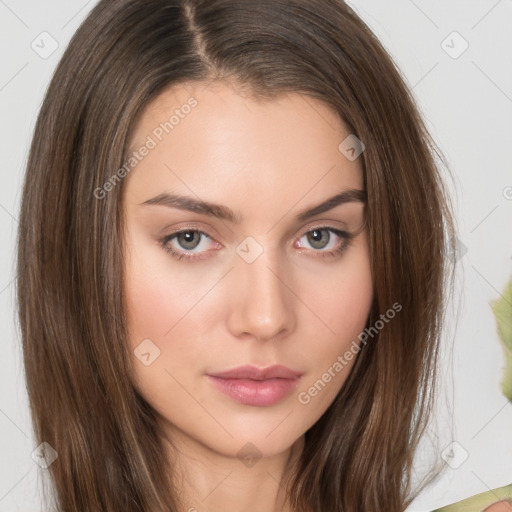 Neutral white young-adult female with medium  brown hair and brown eyes