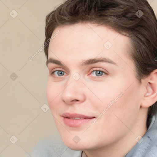 Joyful white young-adult female with medium  brown hair and blue eyes