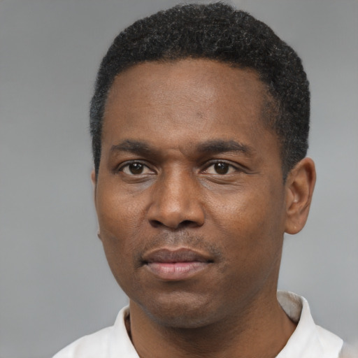 Joyful black young-adult male with short  black hair and brown eyes