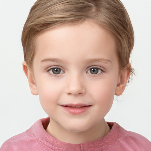 Joyful white child female with short  brown hair and grey eyes