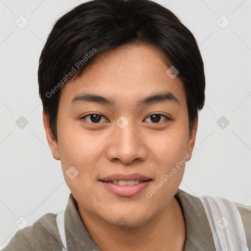 Joyful asian young-adult female with short  brown hair and brown eyes