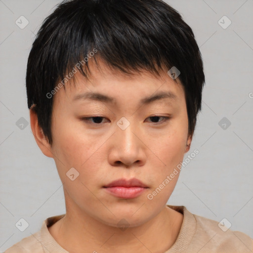 Neutral asian young-adult female with short  brown hair and brown eyes