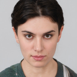 Neutral white young-adult female with short  brown hair and brown eyes