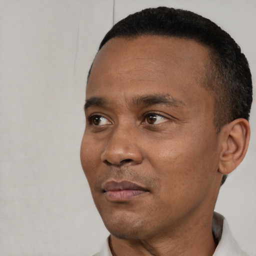 Neutral black adult male with short  black hair and brown eyes