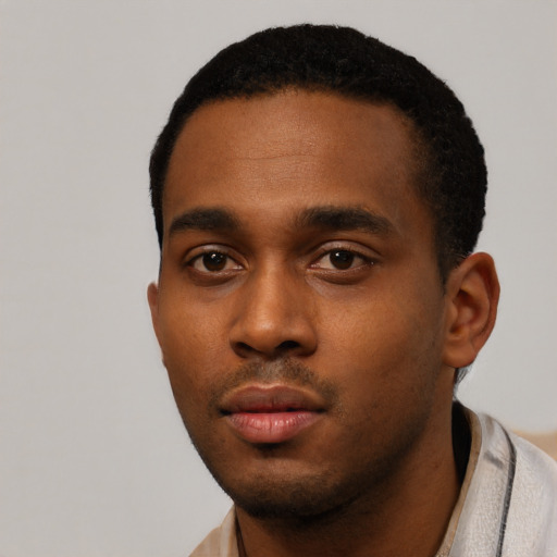 Neutral black young-adult male with short  black hair and brown eyes