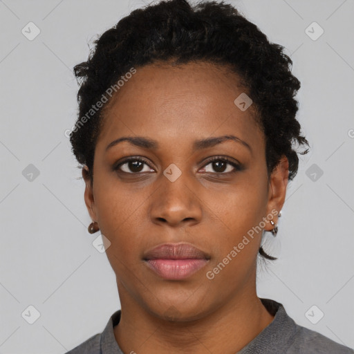 Neutral black young-adult female with short  black hair and brown eyes