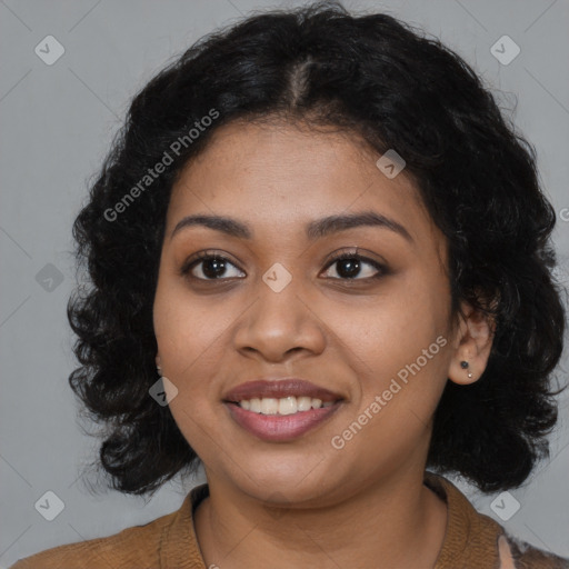 Joyful black young-adult female with medium  black hair and brown eyes