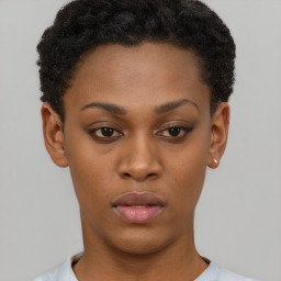 Neutral black young-adult female with short  black hair and brown eyes