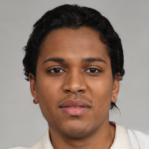 Neutral black young-adult female with short  black hair and brown eyes