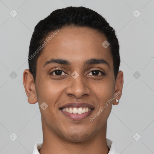 Joyful latino young-adult male with short  brown hair and brown eyes