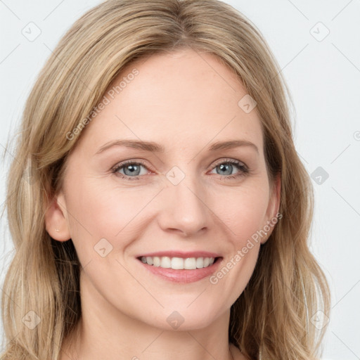 Joyful white young-adult female with long  brown hair and green eyes