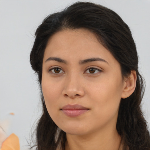 Neutral asian young-adult female with long  brown hair and brown eyes