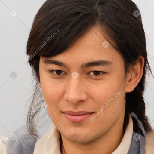 Joyful white young-adult female with medium  brown hair and brown eyes