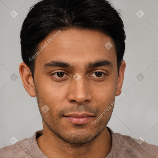 Neutral latino young-adult male with short  black hair and brown eyes