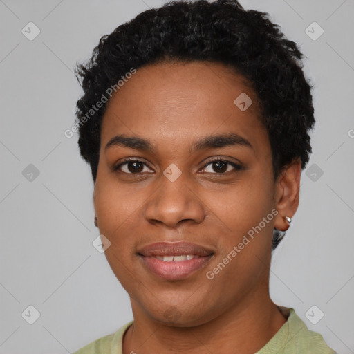 Joyful latino young-adult female with short  black hair and brown eyes