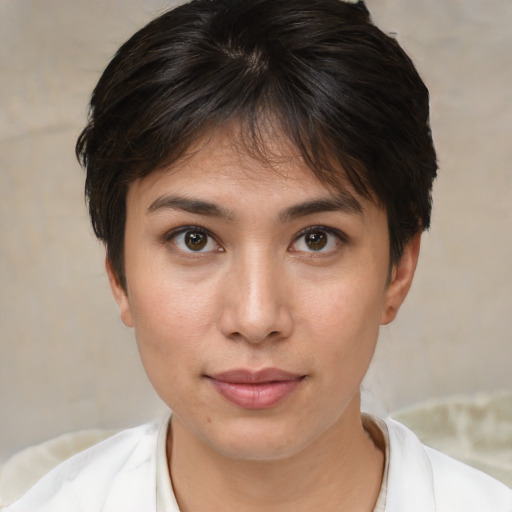 Neutral white young-adult female with short  brown hair and brown eyes