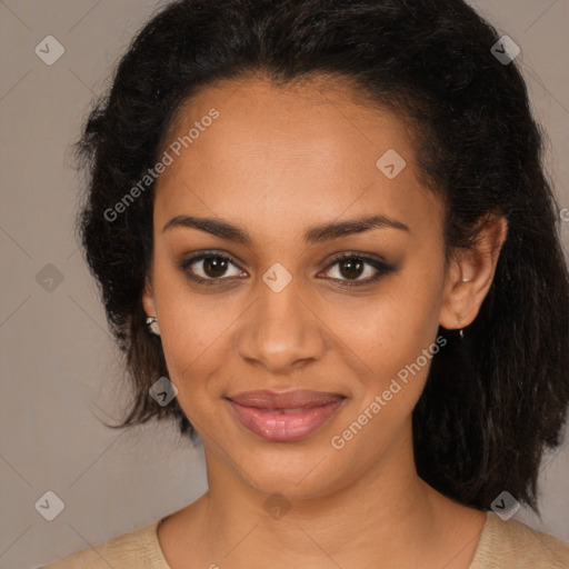 Joyful black young-adult female with medium  brown hair and brown eyes