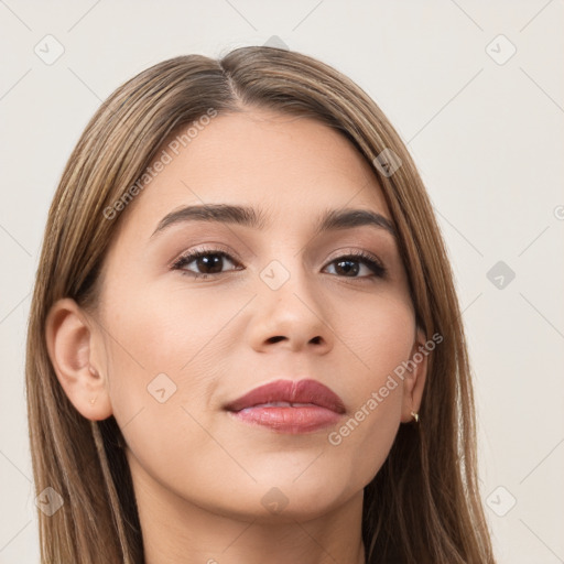 Neutral white young-adult female with long  brown hair and brown eyes