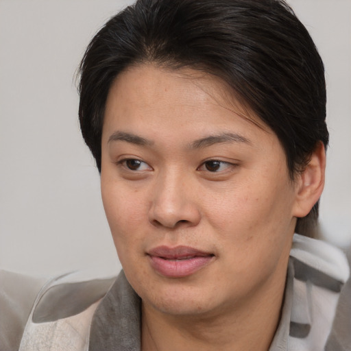 Joyful asian young-adult female with medium  brown hair and brown eyes