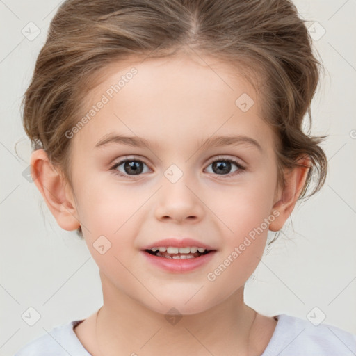 Joyful white child female with medium  brown hair and brown eyes