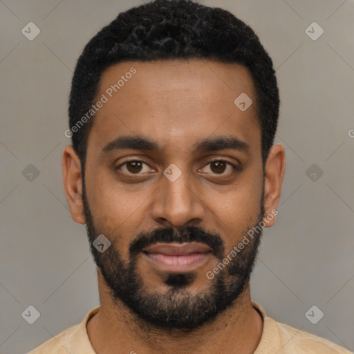 Neutral black young-adult male with short  black hair and brown eyes