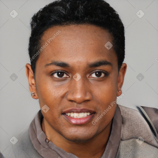Joyful black young-adult male with short  black hair and brown eyes