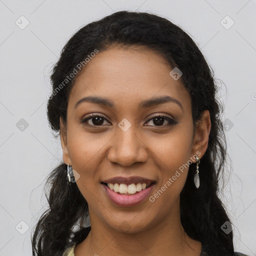 Joyful latino young-adult female with long  black hair and brown eyes