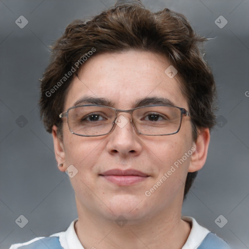 Joyful white adult female with short  brown hair and brown eyes