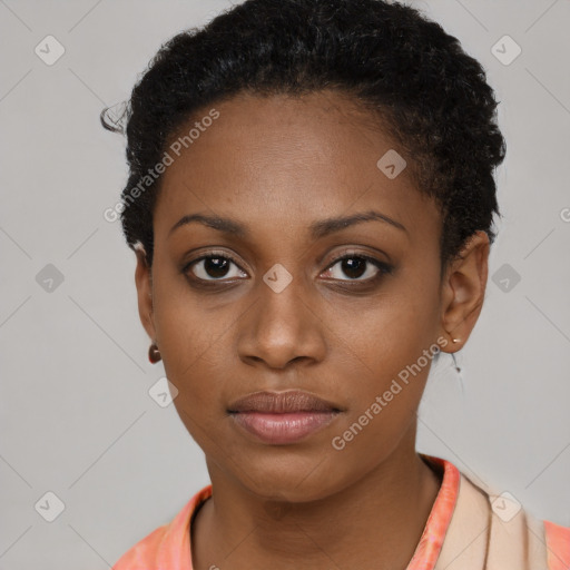 Neutral black young-adult female with short  black hair and brown eyes