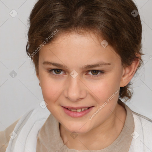 Joyful white child female with medium  brown hair and brown eyes