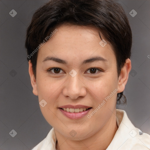 Joyful white young-adult female with short  brown hair and brown eyes