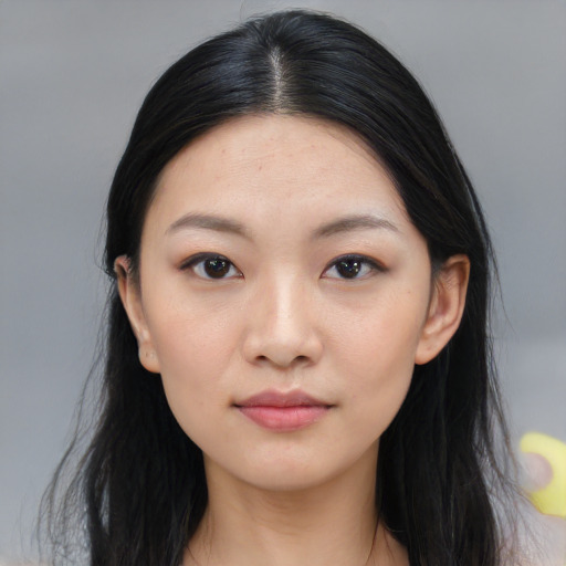 Neutral asian young-adult female with long  black hair and brown eyes