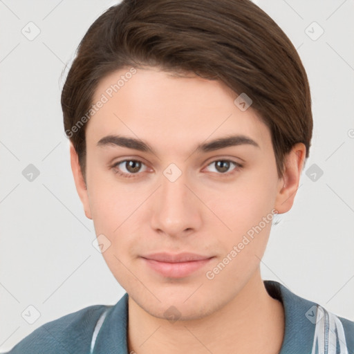 Neutral white young-adult male with short  brown hair and brown eyes