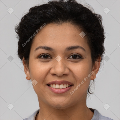 Joyful latino young-adult female with short  brown hair and brown eyes