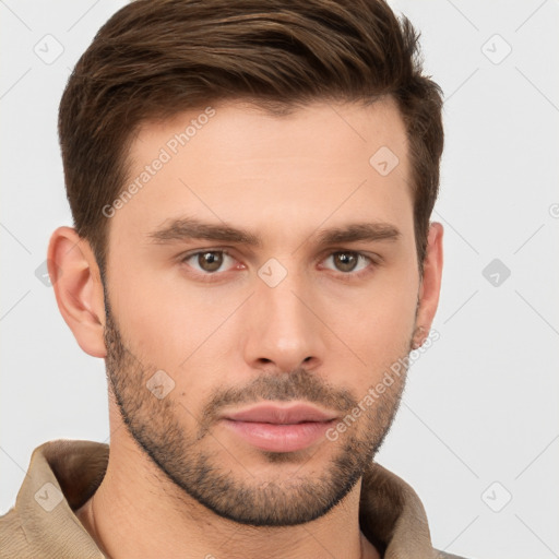 Neutral white young-adult male with short  brown hair and brown eyes