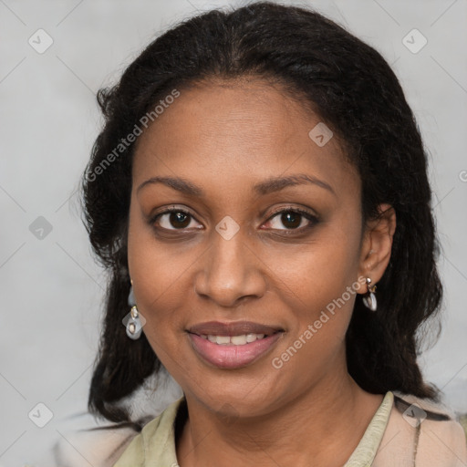 Joyful black young-adult female with medium  brown hair and brown eyes