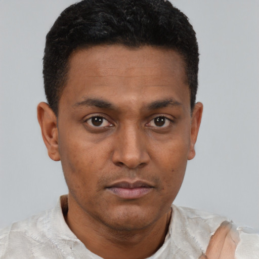 Neutral latino young-adult male with short  brown hair and brown eyes