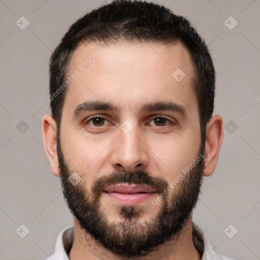 Neutral white young-adult male with short  black hair and brown eyes