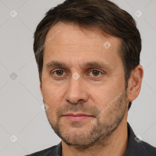 Neutral white adult male with short  brown hair and brown eyes