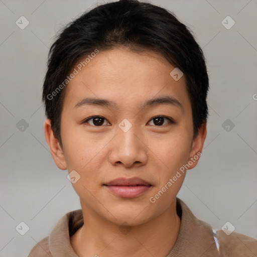 Joyful asian young-adult female with short  brown hair and brown eyes