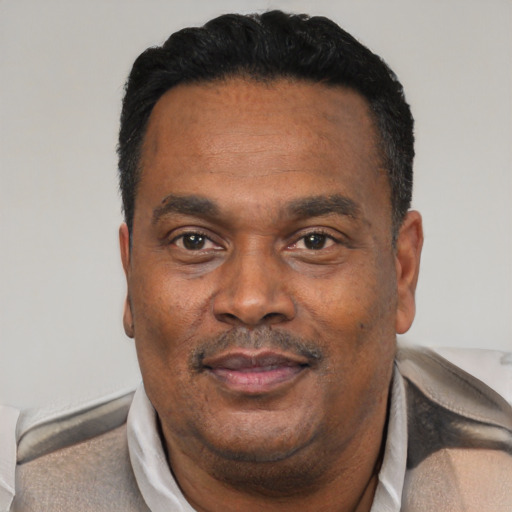 Joyful black adult male with short  black hair and brown eyes