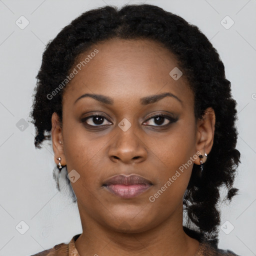 Neutral black young-adult female with short  black hair and brown eyes