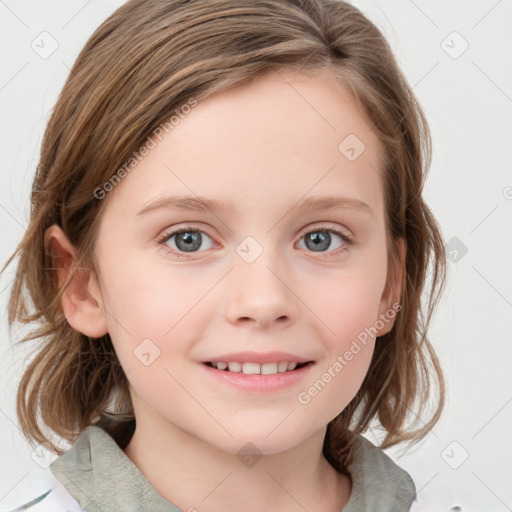 Joyful white child female with medium  brown hair and blue eyes