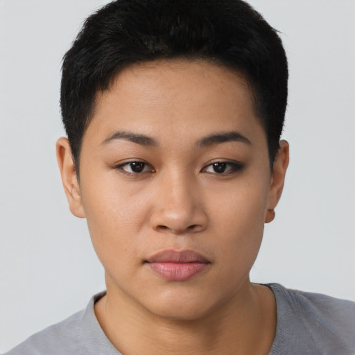 Neutral asian young-adult female with short  black hair and brown eyes