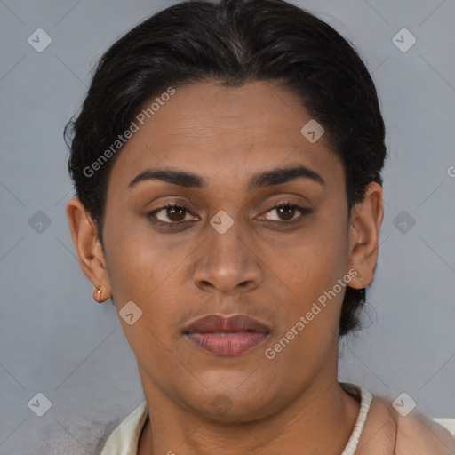 Joyful latino young-adult female with short  brown hair and brown eyes