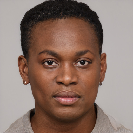 Neutral black young-adult female with short  brown hair and brown eyes
