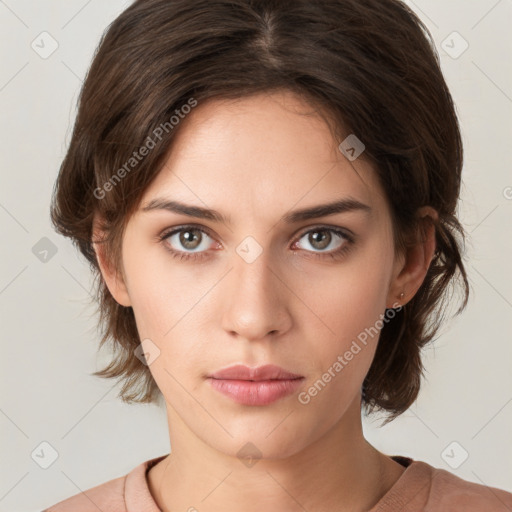 Neutral white young-adult female with medium  brown hair and brown eyes